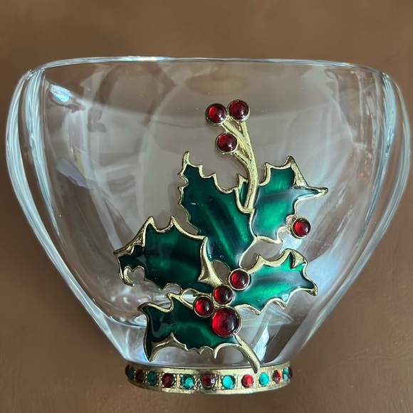 Bohemian Czech Lead Crystal Teleflora Jeweled Enameled Christmas Holly Vase - Picture 1 of 6
